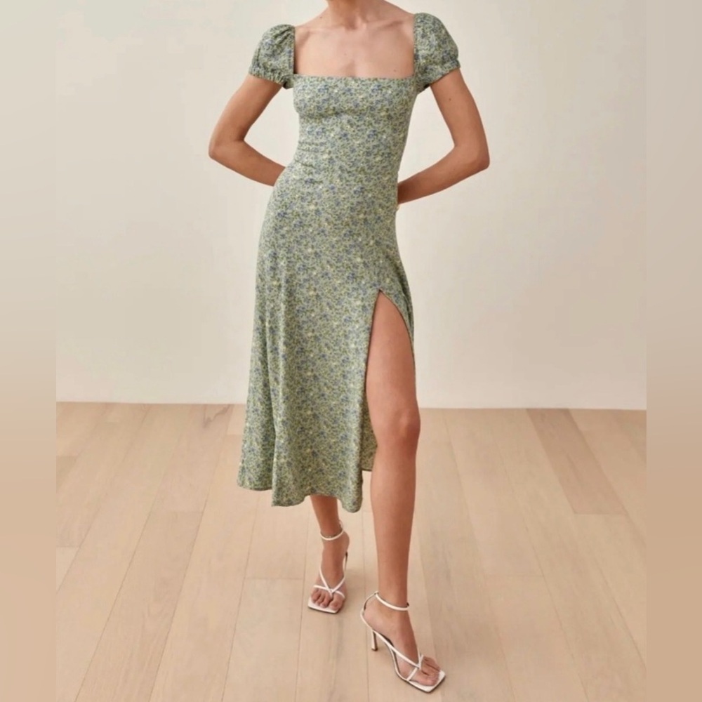 Reformation Sienne Dress Sprite Green Ditsy Blue Floral Midi Dress Sz 10